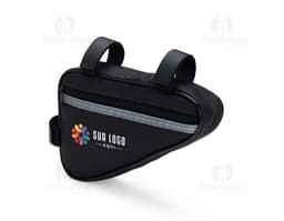 Bolsa Bicicleta Oxford preta, feita de couro, com alça de suporte e dispositivo de fechamento. Pode ser utilizada como