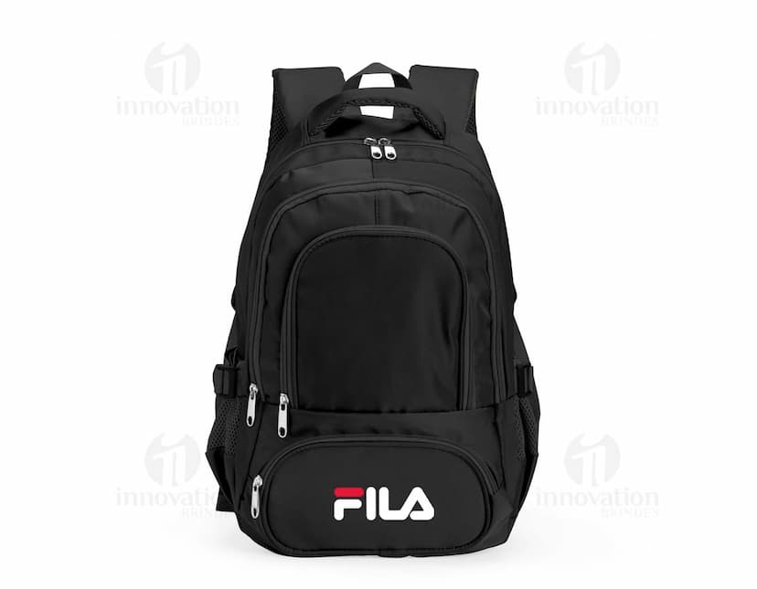 Mochila de poliéster de 17 litros em cor verde com bolsos laterais e alça ajustável.