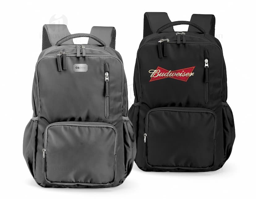 Mochila Poliéster 18 Litros em cor preta, com alças ajustáveis e vários bolsos externos.
