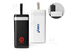 20,000 mAh Power Bank with flashlight and cables.