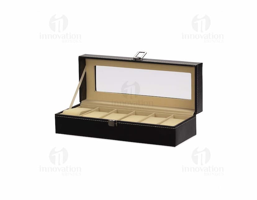 Porta-Relógios com design moderno e elegante, feito de madeira de alta qualidade e com capacidade para armazenar até 6 relógios.