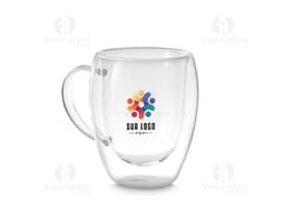 Caneca de Vidro Borossilicato transparente sobre fundo branco.
