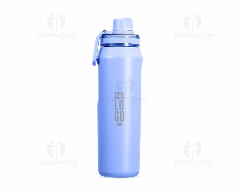 Garrafa térmica de 750ml em aço inoxidável, na cor prata, com tampa rosqueável e alça para transporte.