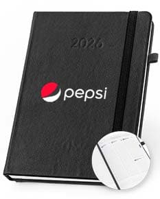 Agenda B5 em PU 2026 em cores cinza e preto, com fechamento de elástico e detalhe dourado na capa.