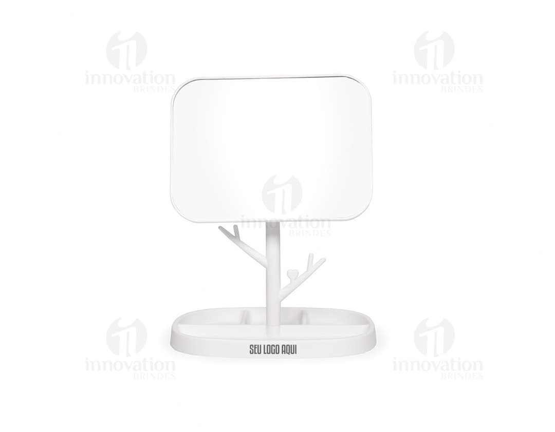 White Plastic Table Mirror with a plastic base and medium size.