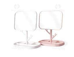 White Plastic Table Mirror with a plastic base and medium size.