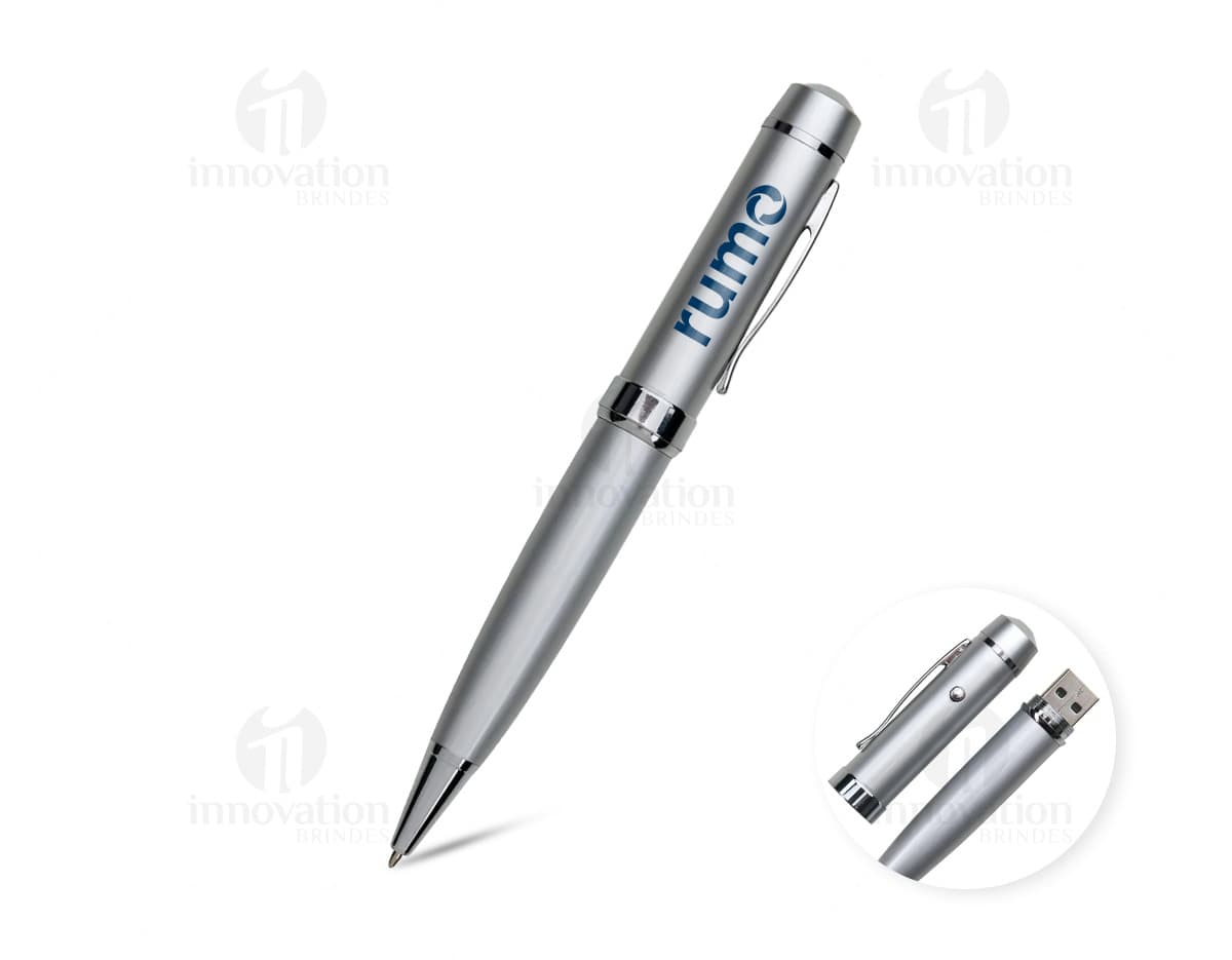 Caneta pen drive 4GB preta com design discreto e elegante.