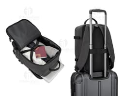 CIES Backpack designed to meet the dimensions required by airlines, made of high-density recycled 600D polyester with a