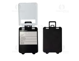 Brown leather luggage identifier tag with gold metal details and a strap for attaching to luggage.