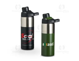 Garrafa térmica 550ml na cor verde com tampa de rosca e alça para transporte.