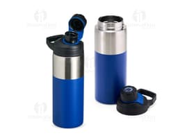 Garrafa térmica 550ml na cor verde com tampa de rosca e alça para transporte.