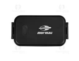 Marmita em PP 900ml, recipiente de plástico transparente com tampa preta.