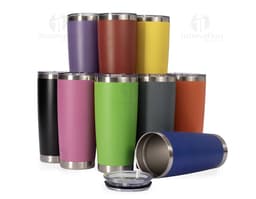 Copo térmico 500ml na cor azul, feito de aço inoxidável com tampa e alça.