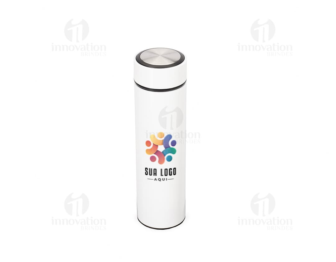 Garrafa térmica 500ml de cor prata com tampa rosqueável e design moderno.