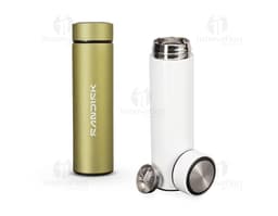 Garrafa térmica 500ml de cor prata com tampa rosqueável e design moderno.