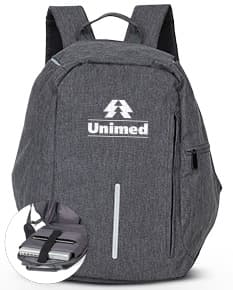 Mochila antifurto em poliéster preto, com fecho oculto, diversos compartimentos e zíperes disfarçados. Alças acolchoadas e ajustáveis.