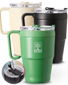 CANECA TÉRMICA 600ML na cor preta, com tampa e alça.