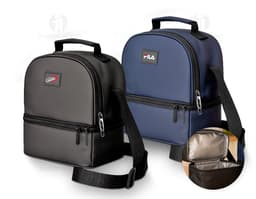 Mala térmica preta de couro vintage com fecho de zíper, alça de metal cromado, estilo moderno e elegante, ideal para viagens