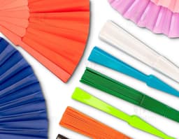 Colorful plastic fan with a modern and shiny design. The fan features geometric shapes in shades of yellow, orange, violet