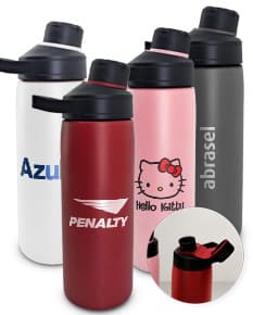 Garrafa térmica de 600ml em metal, com tampa e design elegante. A garrafa possui uma etiqueta e está vazia, pronta para armazenar líquidos quentes ou frios. A superfície é brilhante e reflexiva, garantindo a conservação da temperatura do líquido por mais tempo. O produto é ideal para manter-se hidratado durante viagens, atividades ao ar livre ou no dia a dia.