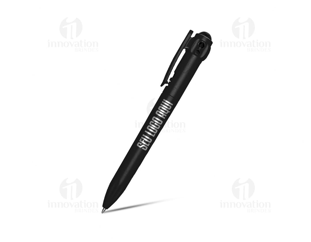 Caneta plástica preta, objeto prateado metálico, instrumento de escrita com ponta de metal.