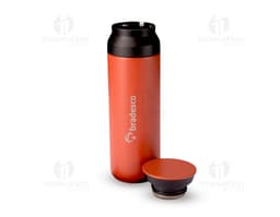 Garrafa térmica de 470ml em metal, de cor amarela, com tampa de rosca.