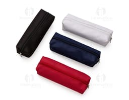 Estojo de nylon marrom com detalhes em couro, design elegante, fecho de correr, ideal para armazenar materiais de escritório