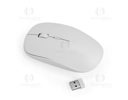 Mouse senza fili in tonalità argento, con design moderno e compatto. Possiede ruote di scorrimento, pulsanti di clic e