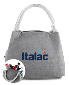 Bolsa térmica em poliéster marrom, com fecho de zíper, alça de couro e cadeado de segurança. Design moderno e elegante, ideal para manter alimentos e bebidas frescos durante viagens ou passeios.