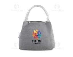 Bolsa térmica em poliéster castanho, com fecho de zíper, alça de couro e cadeado de segurança. Design moderno e elegante