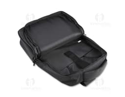Black 300D Polyester notebook backpack with leather strap, zipper, business style, modern and elegant for travel and office