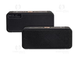 Caja de sonido multimedia M8 en metal cromado y negro, con diseño moderno y retro. Posee altavoz, botones de control de