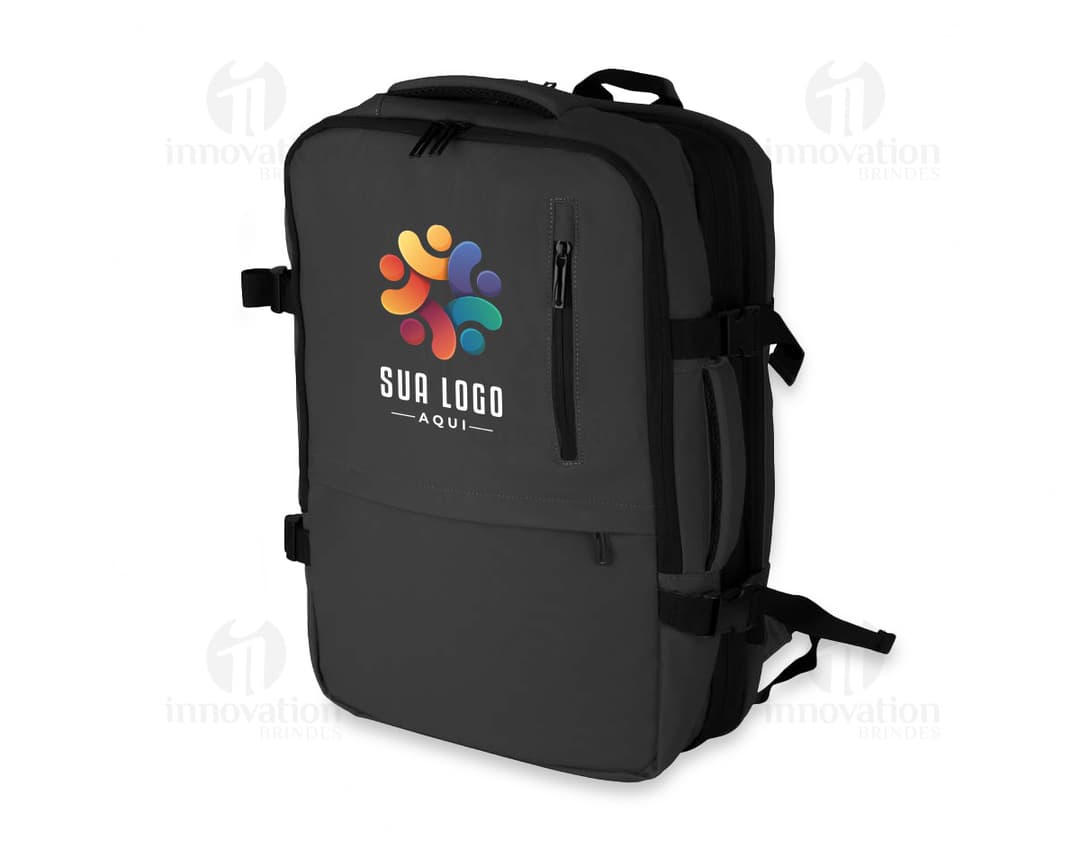 Mochila para notebook moderna em couro preto com compartimento especial para laptop, alça de mão, zíper, bolsos internos