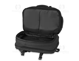 Mochila para notebook moderna em couro preto com compartimento especial para laptop, alça de mão, zíper, bolsos internos