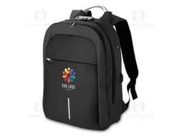 Mochila negra en poliéster 300D para portátil, con asas de cuero, cremalleras, bolsillos y compartimentos para guardar