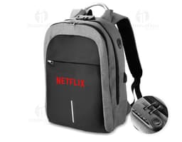 Mochila negra en poliéster 300D para portátil, con asas de cuero, cremalleras, bolsillos y compartimentos para guardar