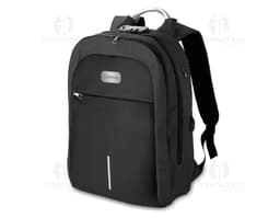 Mochila negra en poliéster 300D para portátil, con asas de cuero, cremalleras, bolsillos y compartimentos para guardar