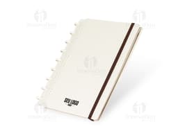 cade do disco ecológico com design vintage de cor marrom e amarela, feito de material reciclado. O caderno está aberto