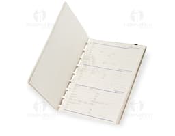 cade do disco ecológico com design vintage de cor marrom e amarela, feito de material reciclado. O caderno está aberto