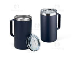 Copo térmico de 500ml, em metal prateado e preto, com tampa e design clean.