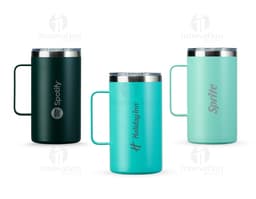 Copo térmico de 500ml, em metal prateado e preto, com tampa e design clean.