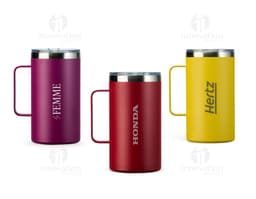 Copo térmico de 500ml, em metal prateado e preto, com tampa e design clean.