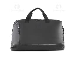 Mala esportiva em PU preta com fecho de zíper, alça de couro, design moderno e elegante. Ideal para viagens, negócios ou uso