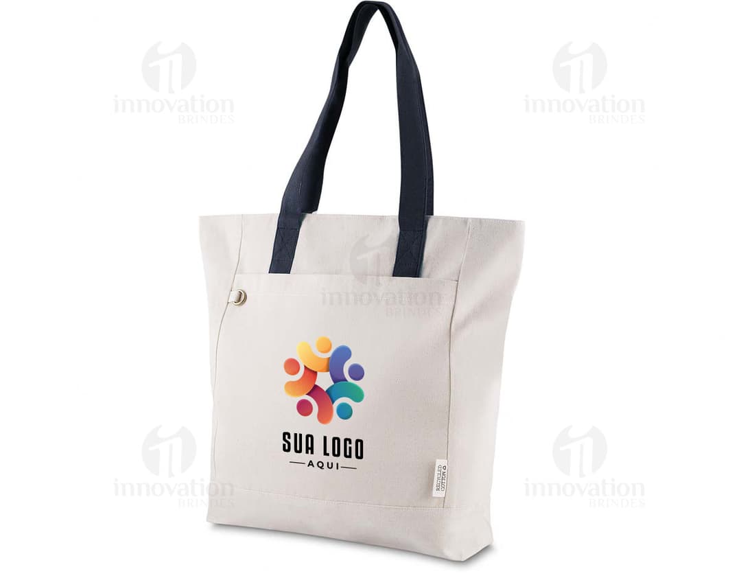 Sacola em Algodão Reciclado 280gm² marrom, vazia, moderna e elegante, com alça e zipper, design colorido e personalizado