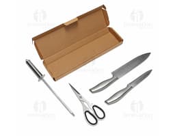 Kit Churrasco 4 Peças em aço inoxidável: inclui faca, garfo, espátula e pinça.