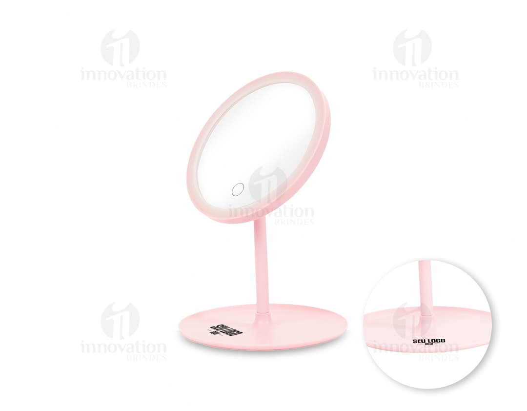Espejo de mesa plástico con LED en diseño moderno y elegante, con reflexión brillante y colores vibrantes. Ideal para uso en