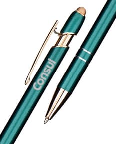 Caneta de metal touch colorida em tons de rosa, laranja e amarelo, feita para escrita e desenho, com ponta fina e afiada.