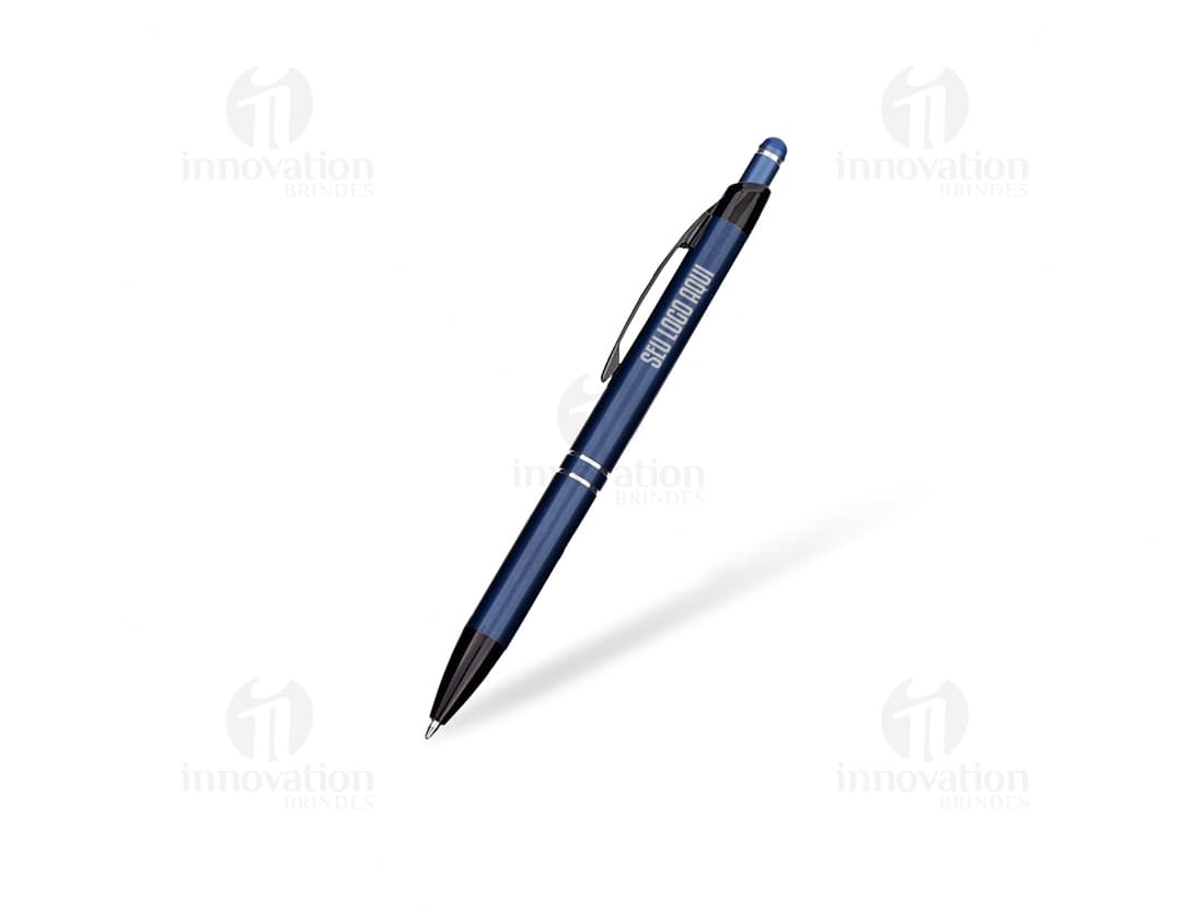 Caneta de metal com ponta tátil, ideal para escrita em papel, documentos e notas. Possui design elegante e detalhes em prata
