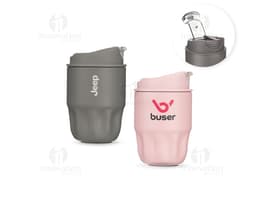Copo térmico de 250ml, feito de metal e plástico, com tampa e design moderno. Perfeito para manter sua bebida quente ou fria