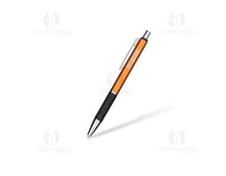 Caneta de metal touch em diversas cores sobre um caderno aberto com diversas ferramentas de escrita e desenho ao redor.